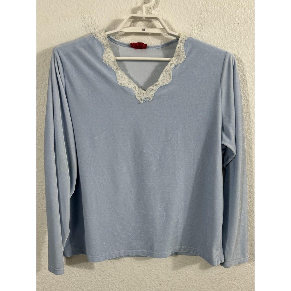 Gloria Vanderbilt‎ Shirt Womens Large Blue Velvet Velour Lace Trim V-Neck Y2K
